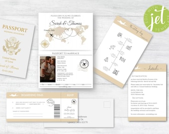 Passport Invitation for Wedding Template, Destination invitation, Boarding pass  RSVP, Wedding details and  wedding timeline