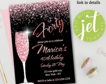 Rose Gold 40th birthday invitation or for Any Age, Editable black and rose gold birthday theme, Rose gold party invite, 40th birthday party