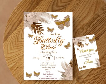 Butterfly Invitation, Butterfly Birthday, boho Birthday Invitation, Retro invite, Instant Download