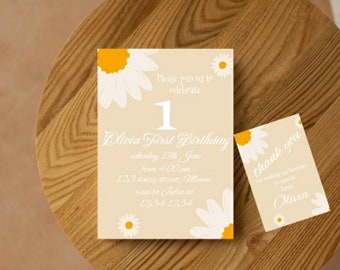 Daisy first birthday, boho Daisy 1st Birthday Invitation, Daisy invitation, Retro invite, Instant Download