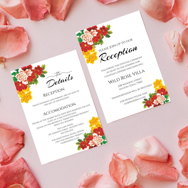 Pode incluir: Dois cart&otilde;es de convite de casamento com designs florais. O cart&atilde;o &agrave; esquerda tem os detalhes da recep&ccedil;&atilde;o e acomoda&ccedil;&atilde;o. O cart&atilde;o &agrave; direita tem os detalhes da recep&ccedil;&atilde;o, incluindo o local, Wild Rose Villa, e o endere&ccedil;o. O texto em ambos os cart&otilde;es &eacute; em preto.