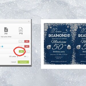 May include: A digital download of two printable invitations for a 50th birthday party. The invitations feature a denim blue background with silver glitter and rhinestones. The text on the invitations reads "Denim and Diamonds" and "Madison 50th Birthday Party".