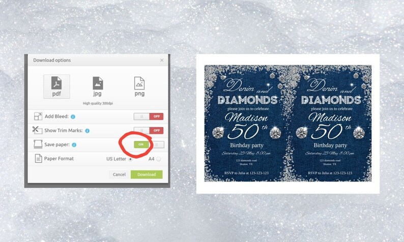 May include: A digital download of two printable invitations for a 50th birthday party. The invitations feature a denim blue background with silver glitter and rhinestones. The text on the invitations reads "Denim and Diamonds" and "Madison 50th Birthday Party".