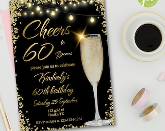 Saludos a la invitación de 60 años, invitación negra y dorada para cualquier edad, saludos editables al tema de 60 cumpleaños, invitación a la fiesta número 60,