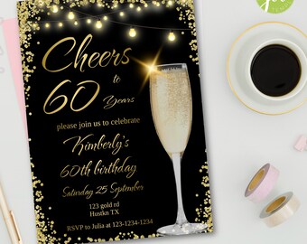 Cheers to 60 years invitation, Black and Gold invitation for Any Age, Editable cheers to 60 birthday theme, 60th party invite,
