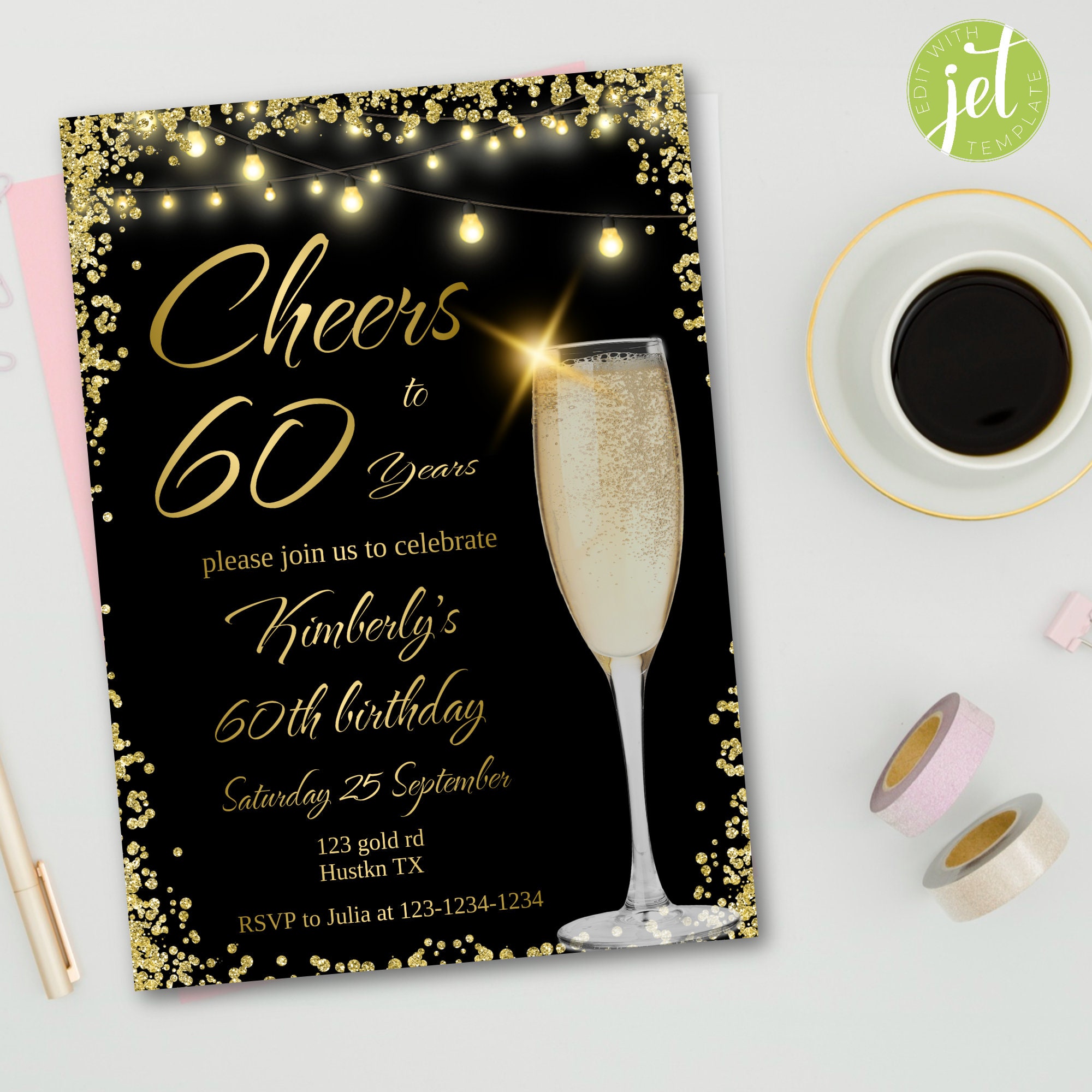 Cheers to 60 Years Invitation, Black and Gold Invitation for Any