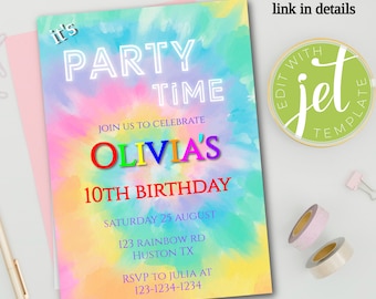 Tie Dye Birthday Invitation for any age, Tie Dye party, 10th birthday Tie Dye invite, Instant Download