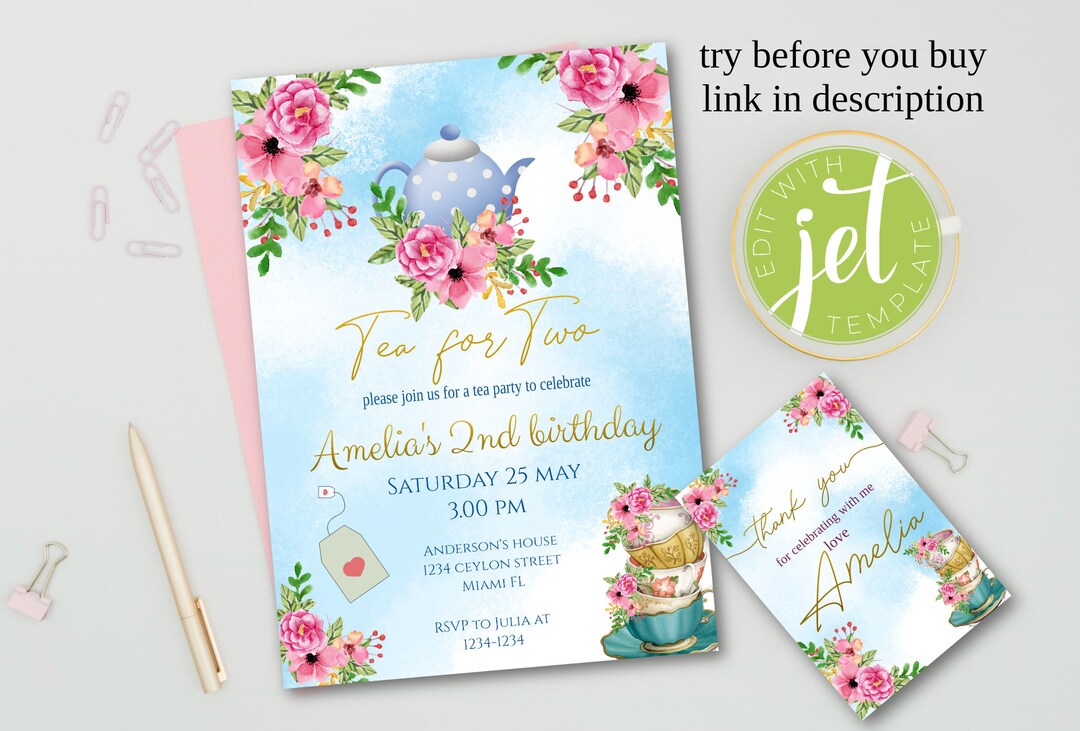 Tea Party Invitation, Tea Birthday Invitation Tea for Two Party , Tea