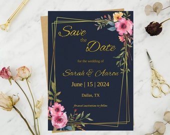 Elegant navy blue Save The Date Template, Digital Download, floral Save the Date invitation, cheap save the date