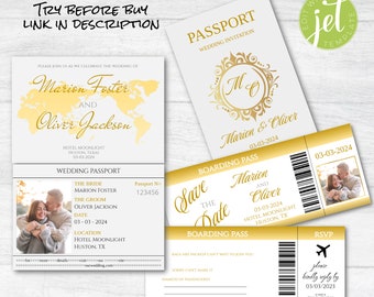 Invitación de boda de pasaporte, plantilla de invitación de pasaporte, tarjeta de embarque guardar la fecha, tarjeta de embarque RSVP, imprimible, descarga instantánea