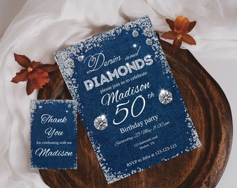 Convite jeans e diamantes para qualquer idade, tema de aniversário editável de jeans e diamantes
