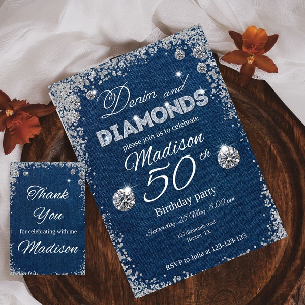 Denim and Diamonds invitation for Any Age, Editable Denim and diamonds birthday theme