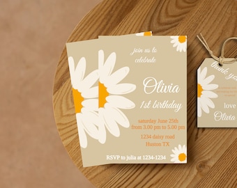Daisy Invitation, boho Daisy Birthday Invitation, Retro invite, Instant Download