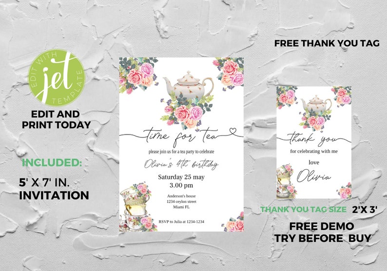 Tea party Invitation, Tea Birthday Invitation, Tea Party for Any Age , Instant Download image 3