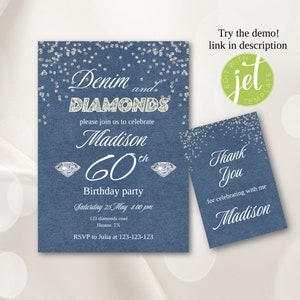 Denim and Diamonds, invitation for Any Age, Editable Denim and diamonds birthday theme, 60th birthday invitation