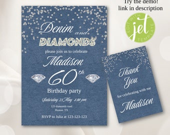 Denim and Diamonds, invitation for Any Age, Editable Denim and diamonds birthday theme, 60th birthday invitation