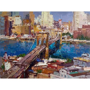 Brooklyn Bridge - New York City - Original urban landscape painting, Impasto art contemporary on canvas by Anastasiya Valiulina
