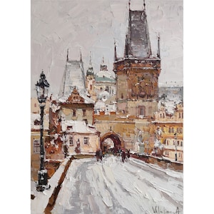 Winter Prague Charles Bridge Artwork, Original Oil Painting on Canvas, Snowy European Cityscape, Impressionist Wall Art by ValiulinaArt