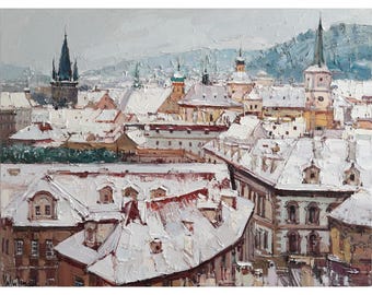 Winter Rooftops of Prague - Original oil cityscape painting on canvas Snowy landscape Historic architecture Impasto art Ready to Ship