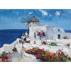 Santorini, Greece - Original landscape painting Impressionist architecture Impasto seaside oil painting on canvas by Anastasiya Valiulina