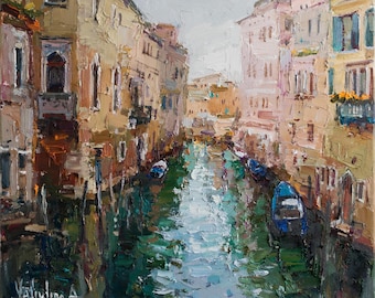Venedig, Italien - Pastoses Ölgemälde Original Kunstwerk von Venezianischen Kanälen und Gondeln, Strukturiertes Stadtbild von Anastasiya Valiulina