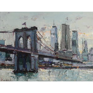 Brooklyn Bridge - New York City - Original urban landscape painting, Impasto art contemporary on canvas by Anastasiya Valiulina