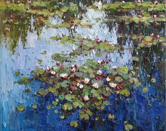 Serene Pond of Water Lilies Impasto Original Oil Painting Monet inspired Lily Art Blue Water Lily Pads Floral Wall Art Ready to Ship