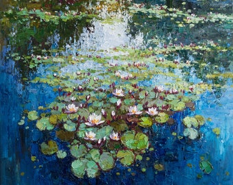 Monet Inspired White Water Lilies Impasto Oil Painting, Floral Home Decor