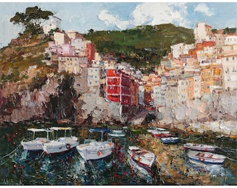 Riomaggiore Cinque Terre - Italian Landscape painting Original impasto landscape painting Textured Oil painting Italy wall art Ready to Ship