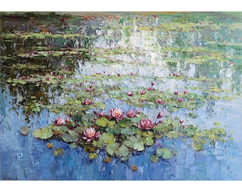 Pink Water Lilies - Original Impasto Oil Painting | Textured Floral Pond Artwork | Impressionist Wall Art