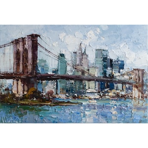 Brooklyn Bridge Oil Painting, NYC Skyline Wall Art, Original Cityscape Impasto Artwork, Textured Modern Decor, Manhattan View by Valiulina