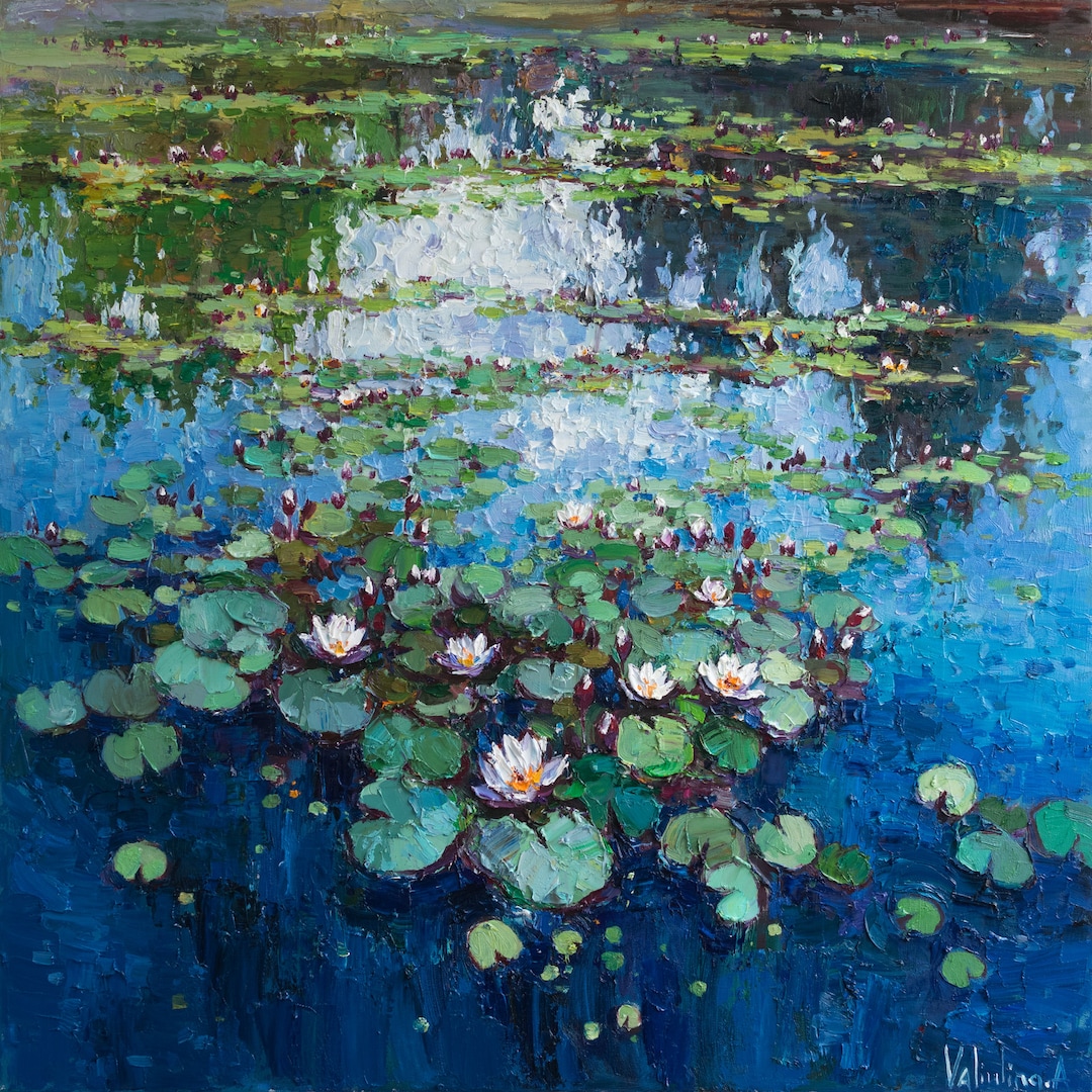 Water Lilies Impasto Original Oil Painting Lily Monet Art White Flower ...
