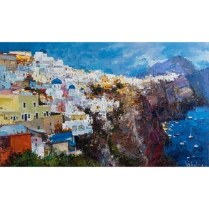 Santorini, Greece - Original landscape painting Impressionist architecture Impasto seaside oil painting on canvas by Anastasiya Valiulina