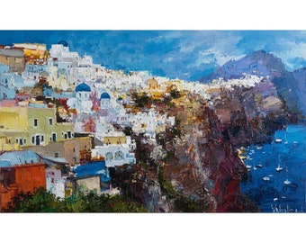 Santorini, Greece - Original landscape painting Impressionist architecture Impasto seaside oil painting on canvas by Anastasiya Valiulina
