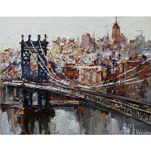 Manhattan Bridge Painting – New York City Skyline Art, Original Oil Painting, Impasto Cityscape, NYC Wall Art, Urban Landscape by Valiulina