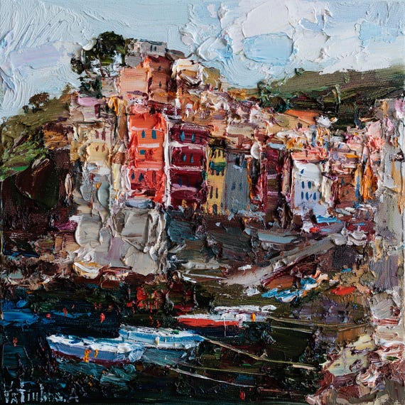 Riomaggiore - Italian Landscape painting Original impasto landscape painting textured Oil painting Italy wall art by Valiulina