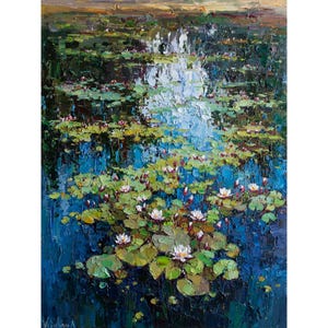 White Water Lilies in the Pond | Impasto Original Oil Painting | Monet inspired Lily Art | Blue Water Lily Pads | Floral Home Decor