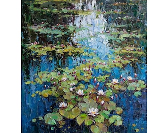 睡蓮の油絵：モネの池のアート、花の壁飾り（8x12）NatalyArtUa作