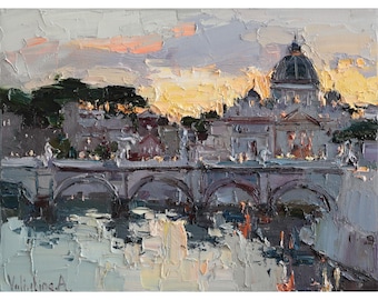 St. Angelo Bridge at Sunset in Rome, Italy - Original oil painting Italian landscape Impasto painting on canvas Rome wall art by Valiulina