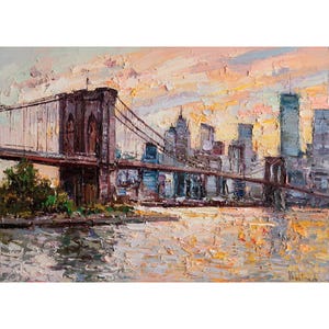 Brooklyn Bridge at Sunset | Original Oil Painting | NYC Skyline Wall Art | Textured Impasto Cityscape | New York Urban Landscape