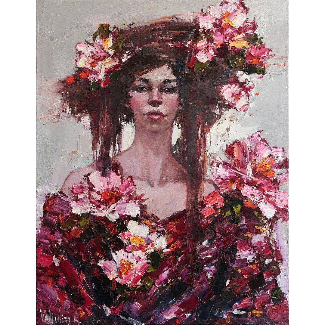 Girl With Flowers Portrait | Impasto Palette Knife Figurative Oil