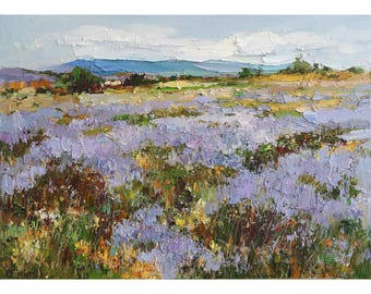 Lavender Field Painting – Original Oil Painting Impressionist Landscape Art Provence Flowers Artwork Textured Impasto Painting by Valiulina