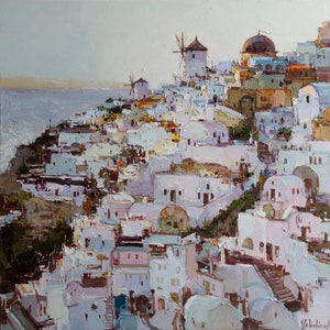 Santorini Greece Oil Painting, Original Impasto Art on Canvas, White Houses and Windmill Wall Decor, Greek Island Sunset Textured Artwork