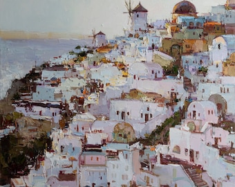 Santorini Greece Oil Painting, Impasto White Houses, Windmill Art