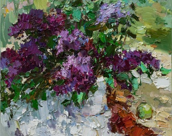 Seringen stilleven impasto schilderij origineel-Impasto schilderij paarse bloemen getextureerde interieur kunst op doek door Anastasiya Valiulina
