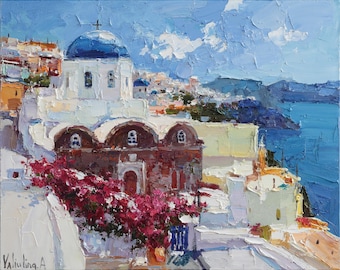 Santorini, Greece – Original Oil Painting, Mediterranean Seascape, White and Blue Architecture, Impressionist Wall Art