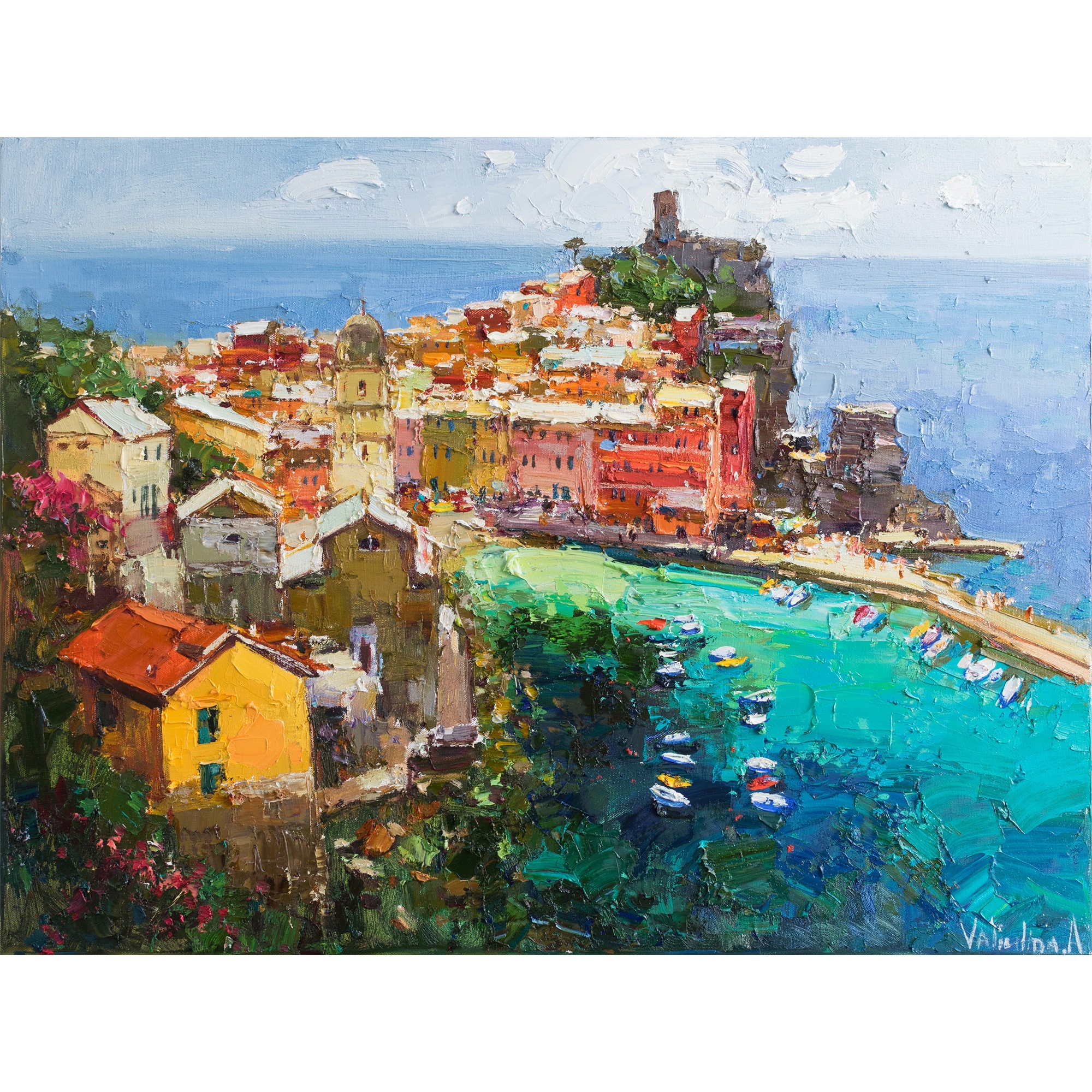 Vernazza Cinque Terre Impasto Oil Painting, Italian Coastal Landscape Wall Art, Textured Seaside Village Original Artwork by ValiulinaArt
