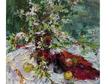 Stilleven met een bloeiende peer - Impasto schilderij Paarse bloemen Getextureerde interieurkunst op canvas door Anastasiya Valiulina