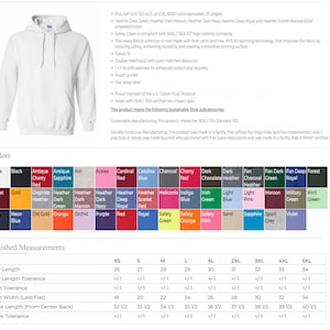 May include: A white long-sleeve hooded sweatshirt with a front pouch pocket and matching drawstrings. The image includes a detailed color chart displaying various available shades and a size chart listing measurements in inches for sizes XS to 5XL.