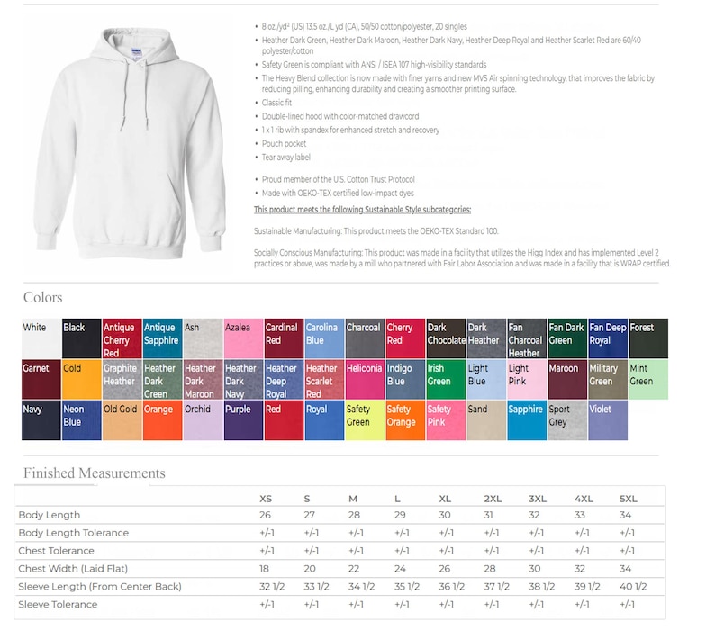 May include: A white long-sleeve hooded sweatshirt with a front pouch pocket and matching drawstrings. The image includes a detailed color chart displaying various available shades and a size chart listing measurements in inches for sizes XS to 5XL.